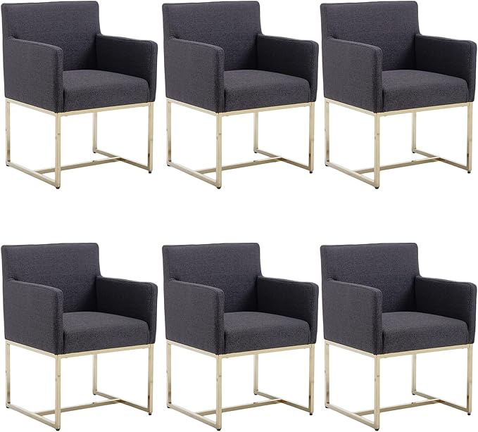 Upholstered Dining Chairs with Armrest Set of 6 Mid Century Modern Accent Chairs Armchairs with Gold Metal Frame, Modern Kitchen & Dining Room Chairs, Charcoal