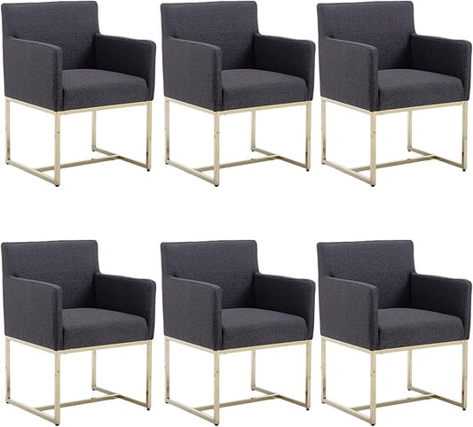 Upholstered Dining Chairs with Armrest Set of 6 Mid Century Modern Accent Chairs Armchairs with Gold Metal Frame, Modern Kitchen & Dining Room Chairs, Charcoal