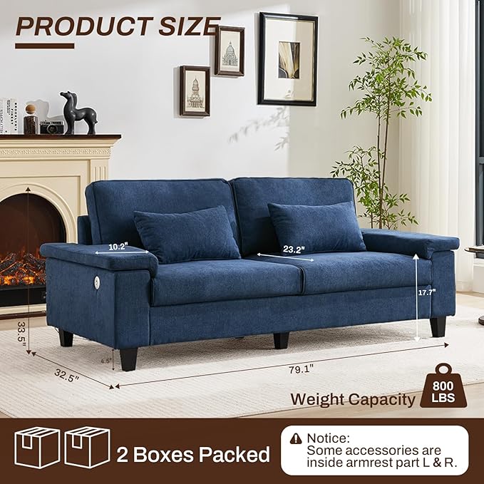 3 Seater Couch for Living Room, 79'' Comfy Deep Seat Sofa with Adjustable Armrests & USB/Type-C Charging Ports, Mid Century Modern Couch for Bedroom, Home Office, Blue