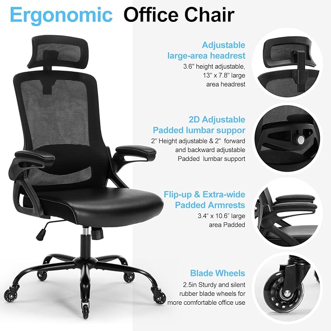 Ergonomic Office Chair, Desk Chair with Adjustable Lumbar Support, High Back Mesh Chair with Blade Wheels, Executive Chair for Home Office