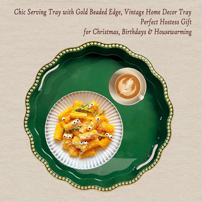 Green Decorative Tray for Coffee Table, Wavy Scallop Beaded Plastic Serving Tray forKitchen Counter, Ottoman, Living Room, (13")