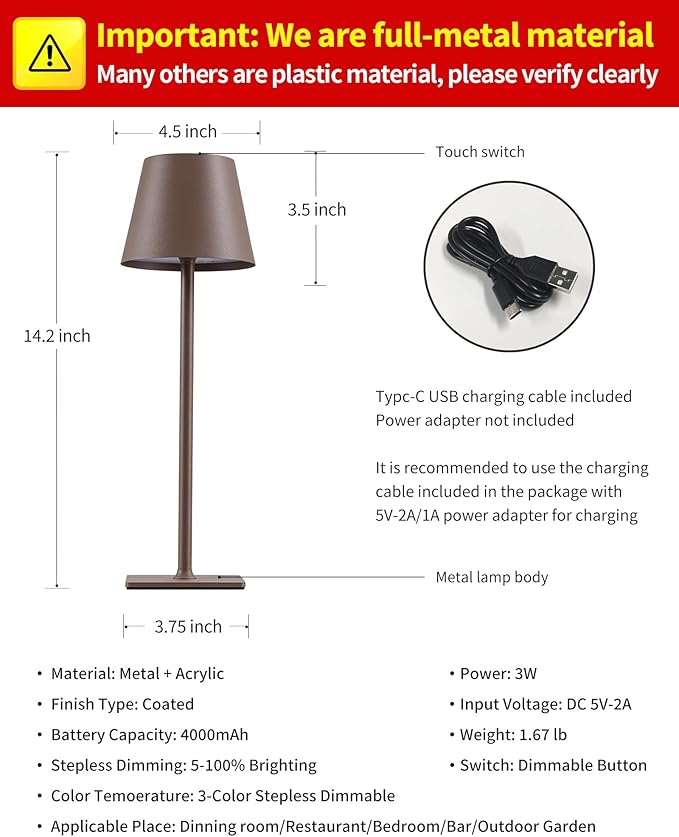 KDG 2 Pack Cordless Table Lamp,Portable LED Desk Lamp, 4000mAh Battery Operated, 3 Color Stepless Dimming Up, for Restaurant/Bedroom/Bars/Outdoor Party/Camping/Coffee Shop Night Light(Brown)