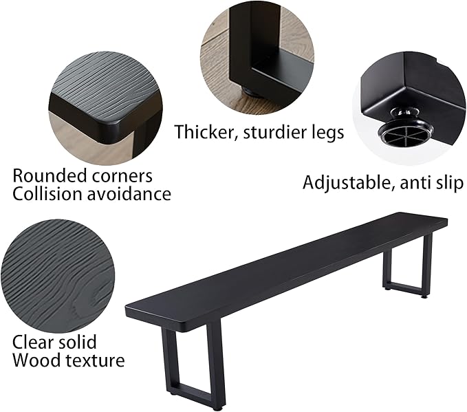 Modern Solid Wood Dining Table with Metal Base Stylish Durable Dining Room Table in Black Multiple Sizes Home Use Office Desk (Bench Black, 78.74in)