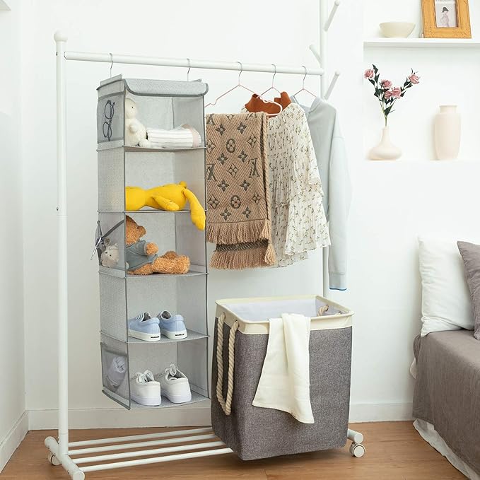 5 Shelves Hanging Closet Organizer, 2 Pack Hanging Storage with 6 Side Pockets for Clothes Bags, 43"x12"x12"(Light Gray)
