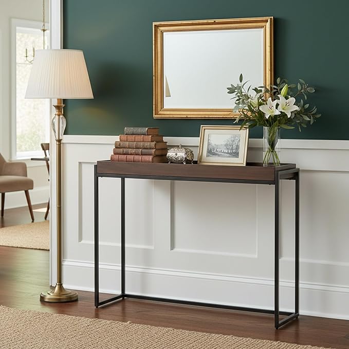 Narrow Console Table Solid Wood, Slim Entryway Table with Storage Groove, Farmhouse Small Sofa Table Behind Couch for Hallway, Living Room, Foyer(Brown 9.8" W,47.2" Lx31.5 H)