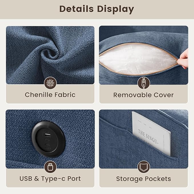 PARKOL 99" L-Shaped Sectional Couch with Storage, Sofa with Reversible Chaise, USB Type-C Charging, Chenille Fabric, Removable Cushion Covers, for Small Space, Apartment, Living Room, Blue