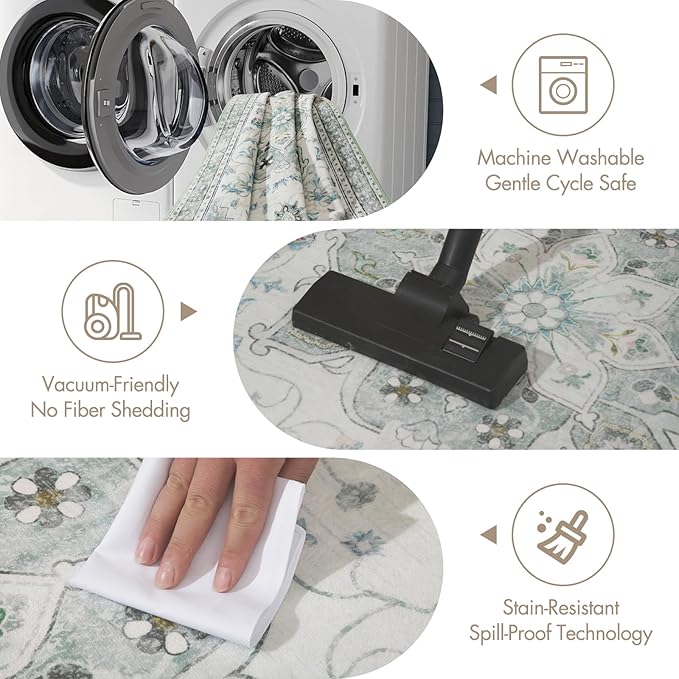 5x7 Soft Washable Area Rugs for Living Room and Bedroom, Non-Slip Stain Resistant Indoor Carpet, Cozy Floor Mat for Dining Room, Office, Under TableStain Resistant Green Floral