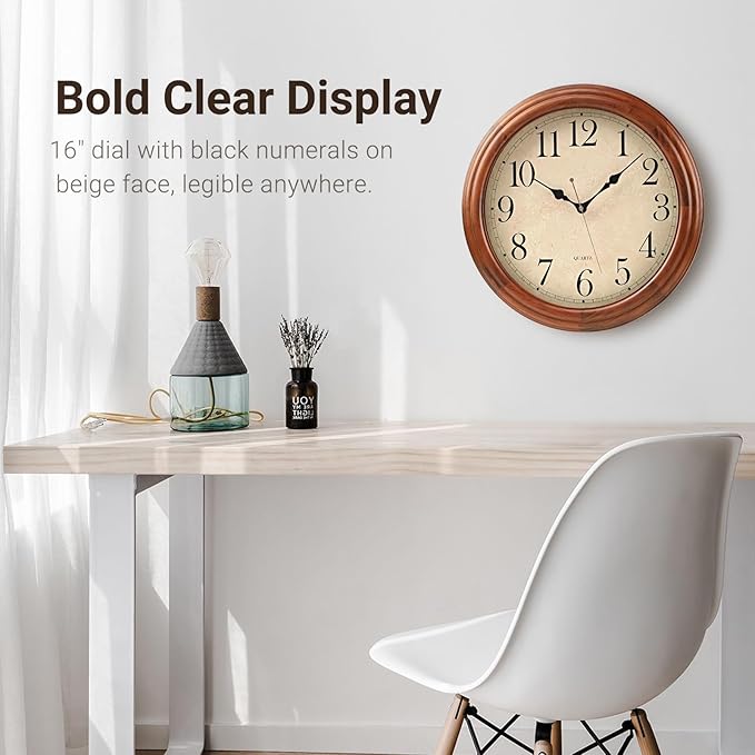 16-Inch Wood Wall Clock with Large Numbers, Retro Round Brown Clock Wall, Silent Non-Ticking for Living Room, Kitchen Wall Clocks