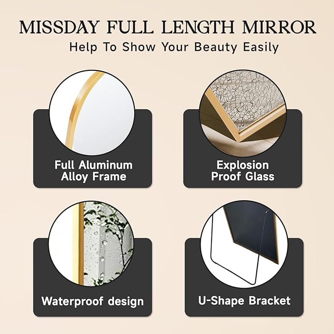 MISSDAY 64"x21" Arched Full Length Mirror, Gold Full Body Mirror with Stand, Floor Mirror Long Free Standing, Leaning or Hanging, Aluminum Thin Frame Wall-Mounted Mirrors Wall Mirrors for Bedroom