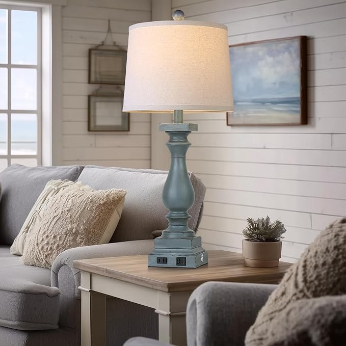 28" Tall Farmhouse Table Lamps Set of 2 with USB C+A Ports and AC Outlet, 3 Way Touch Control Rustic Bedside Lamp for Bedroom, Blue Vintage Nightstand Lamp for Living Room Office