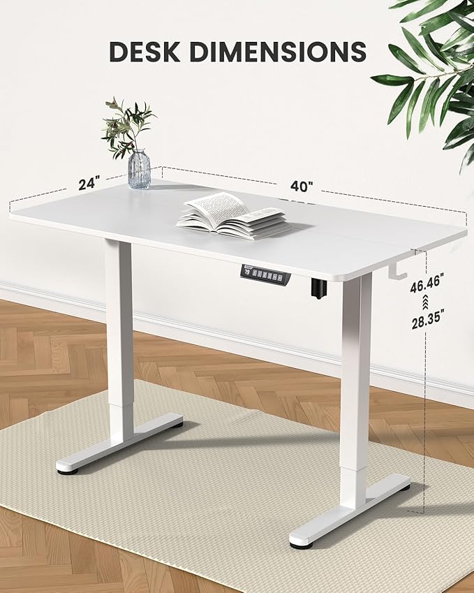 ErGear Small Height Adjustable Electric Standing Desk, 40 x 24 Inches Sit Stand up Desk, Memory Computer Home Office Desk with Two-Piece Desktop (White)