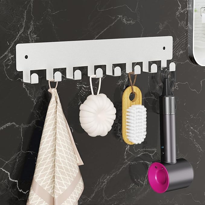 pickpiff Sliver Key Holder for Wall Adhesive, Key Hooks with 8 Hooks, No Drill for Living Room, Kitchen, Office