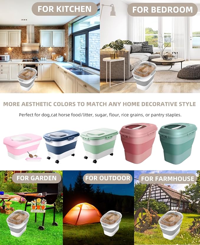32-35 Lbs Dog Food Storage Container,Collapsible Dog Food Container with Transparent Airtight Lid,Wheels,Date Track,Pet Food Storage Container for Rice,Flour,Sugar,Scoop And 2PCS Containers