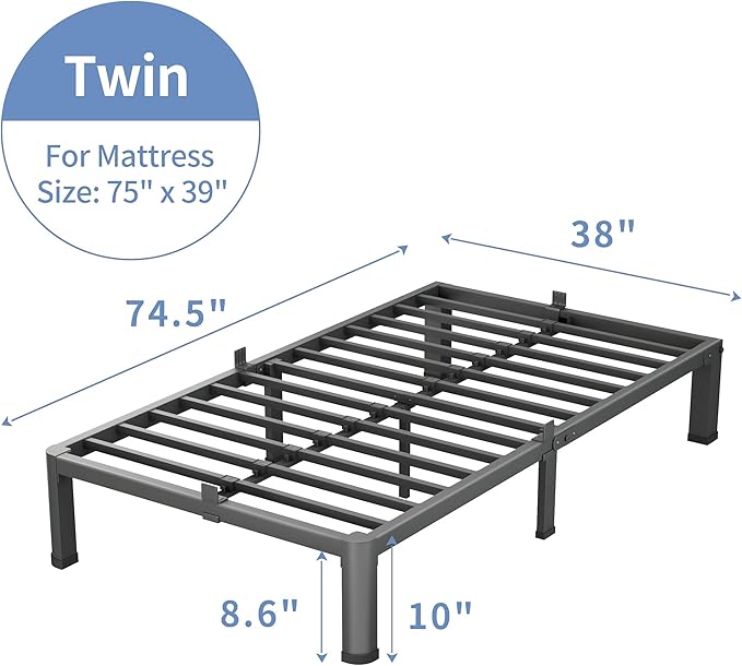 10 Inch Twin Size Bed Frame, 3500Lbs Heavy Duty Metal Platform with Round Corner Legs Mattress Slide Stopper, Steel Slat Support No Box Spring Needed, Noise Free, Non-Slip, Easy Assembly