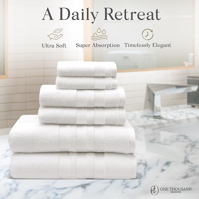 Premium Staple Cotton Bathroom Towel Set - White 600 GSM 6-Piece Luxury Bath Towel Set 3 Stripe - 2 Bath Towels, 2 Hand Towels & 2 Washclothes Set - High Absorbent & Quick Dry for Gym, Spa, Hotel