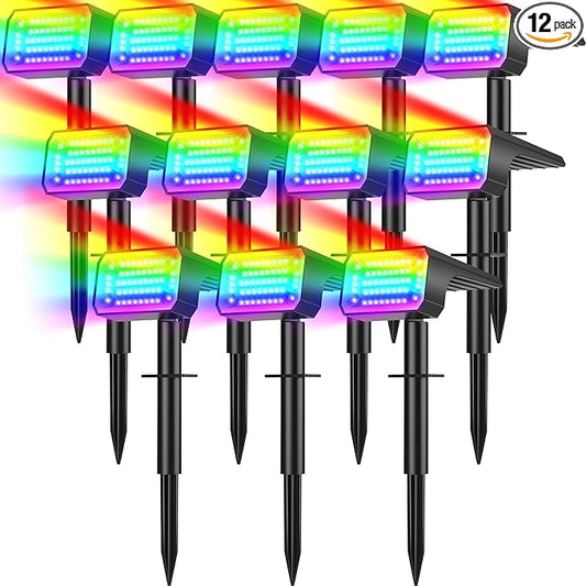 Solar Color Changing Spot Lights Outdoor Waterproof IP65, [12 Pack/32 LED/7 Modes] 2-in-1 Landscape Spotlights, Auto On/Off High Lumens Spot Lights for Outside Yard Garden Pathway Walkway