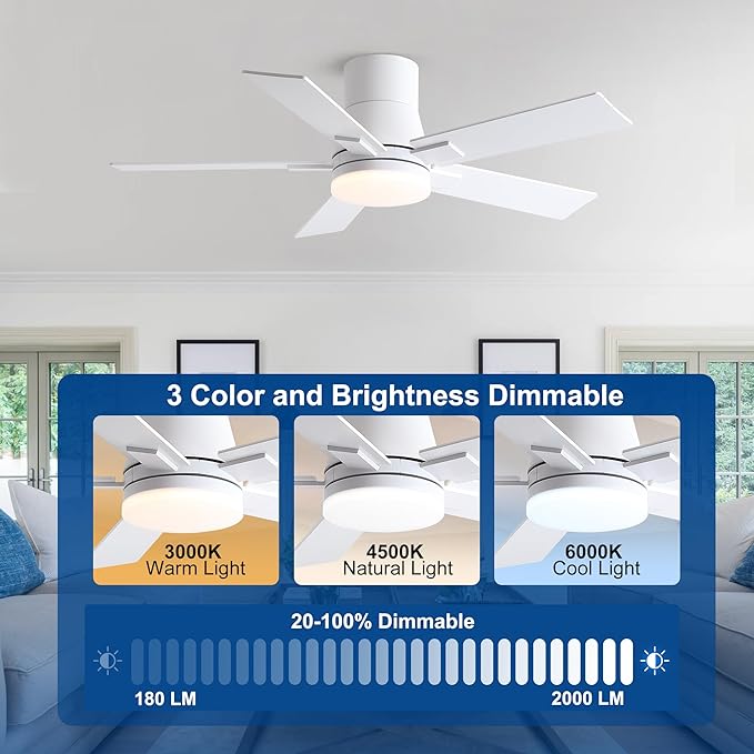 Rayqueen 42 Inch Ceiling Fans with Lights and Remote, Flush Mount White Ceiling Fan, 6 Speed Reversible DC Motor, 3CCT Dimmable LED-Low Profile Design for Bedroom, Living room & Covered Outdoor