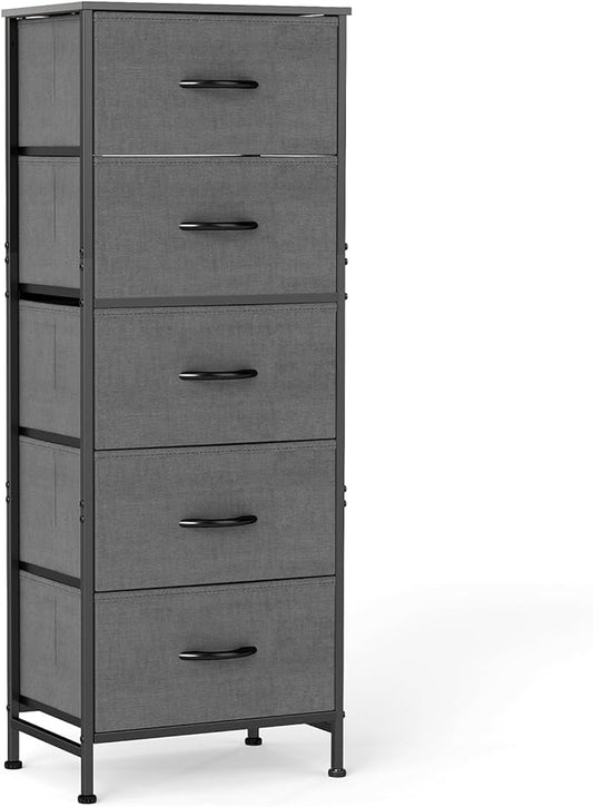 DUMOS Nightstand with 5 Drawers Bedside Table with Removable Fabric Bins Sturdy Steel Frame Wood Top Organizer Furniture for Bedroom Closet Living Room, Grey