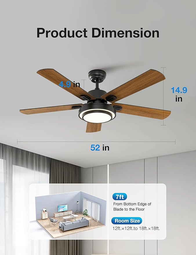 warmiplanet Ceiling Fans with Lights and Remote Control, 52 Inch, 6 Speeds Reversible DC Motor, 3 Color Dimmable Light, Timer, Noiseless, Black/Dark Walnut, 5 Blades, 2 Pack
