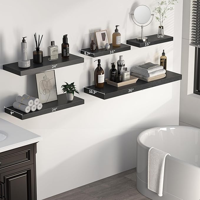 Fun Memories Floating Shelves - 2 Pack 9 Inch Rustic Wooden Wall Shelves - Extra Deeper & Thicker Wall Mounted Storage Shelf for Living Room, Kitchen, Farmhouse - 24" W x 9" D x 1.6" H - Rustic Black