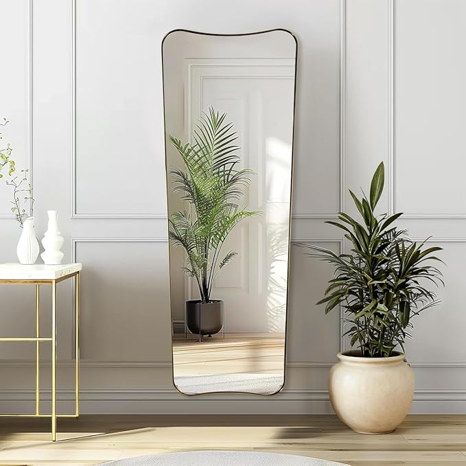 ANDY STAR 24" x 65" Full Length Mirror, Brushed Gold Floor Mirror with Premiun Stainless Steel Thin Frame, Antique Italian Curved Design, Wall Mountable or Leaning for Bedroom, Living Room, Cloakroom