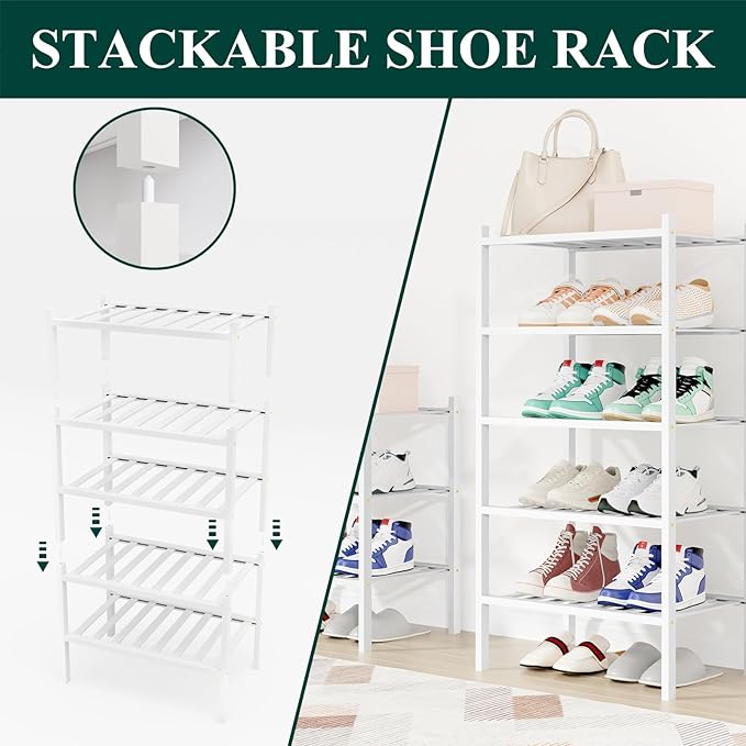 Smiry Shoe Rack, 3 Tier Small Bamboo Shoe Organizer, Stackable Free Standing Wooden Shoe Storage Shelf for Closet, Entryway, Front Door Entrance, White