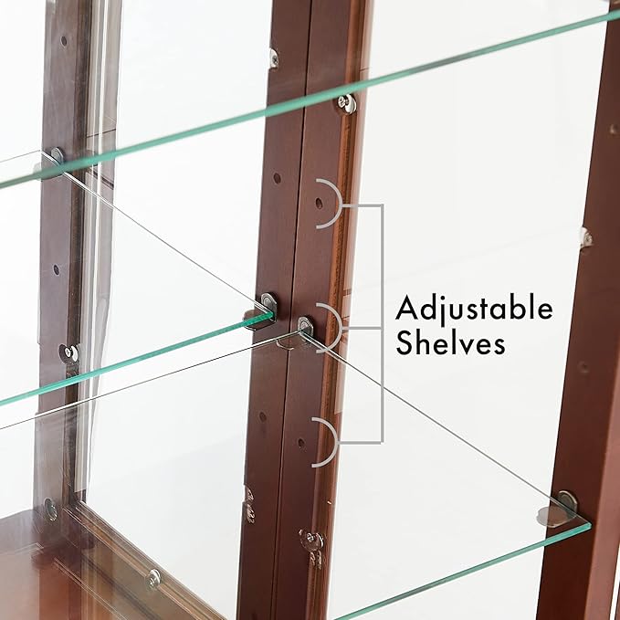 Goujxcy Lighted Curio Cabinet, Modern Floor Standing Glass Curio Cabinet Display Case Cabinet with Adjustable Shelves, Mirrored Back Panel and Tempered Glass Doors for Home/Office (Cherry)