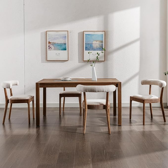 Kmax Dining Room Chairs Mid-Century Modern Fabric Kitchen Chairs with Natural Walnut Finished Frame, Linen Curved Back, Set of 6, Beige