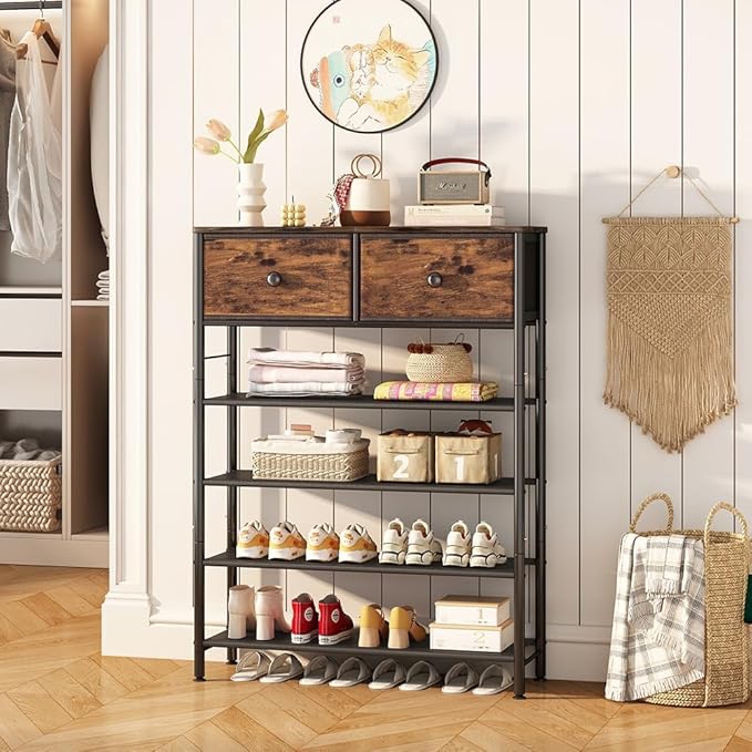 Shoe Rack Organizer 5 Tier Metal Organizer Shelf with 2 Drawers Industrial MDF Board and Layer Fabric for Entryway Closet Bedroom Living Room Garage
