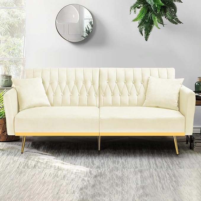 70” Velvet Futon Sofa Bed with 2 Pillows and Adjustable Armrests, Convertible Sleeper Bed W/Adjustable Backrests, Modern Loveseat for Living Room, Bedroom, Beige