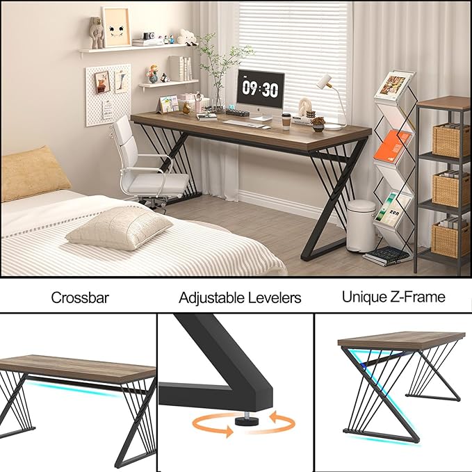 FOLUBAN Modern Home Office Desk, Wood and Metal Computer Desk, Industrial Study Writing Work Table for Bedroom Living Room, Oak, 60 Inch