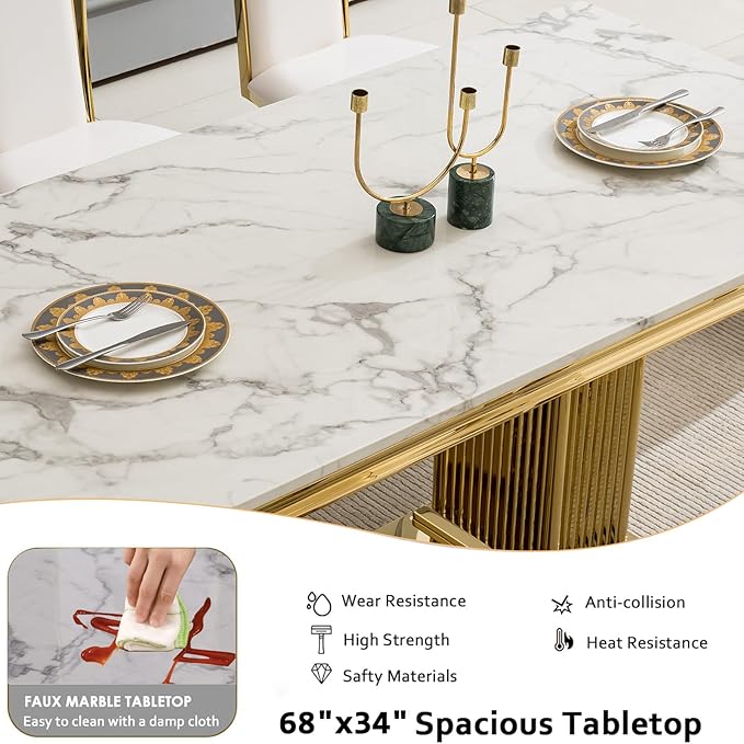 68" Faux Marble Dining Table Set for 6, 7-Piece Dining Set with White Gold Kitchen Table and 6 Velvet Tufted Chairs, Modern Rectangular Dining Room Tables with Column-Shape Stainless Steel Base