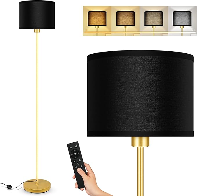Gold Floor Lamps for Living Room, Stepless Dimmable Floor Lamp with Remote, 2700K-6500K Colors Temperature & Brightness Adjustable,10W/1200LM Black LED Floor Lamp,Modern Standing Lamp for Bedroom