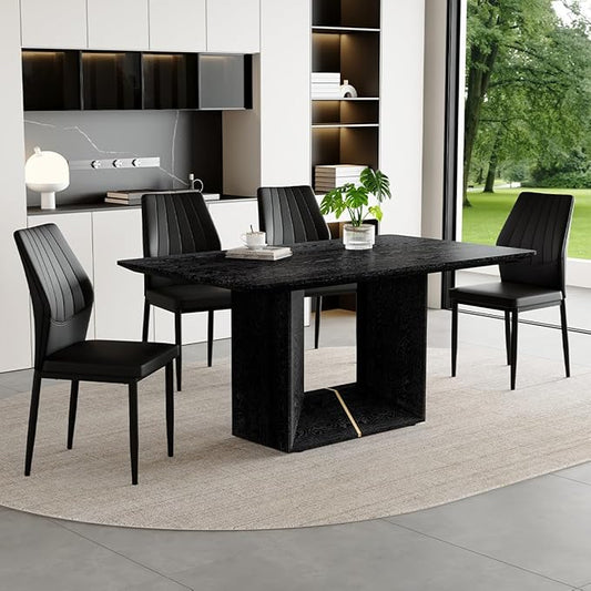 63" Modern Black Dining Table Set for 4 with Chairs, 5 Piece Rectangular Dining Room Table and 4 PU Leather Chairs, Kitchen Dining Set with Matte Wood Finish, Geometric Base, Easy Assembly