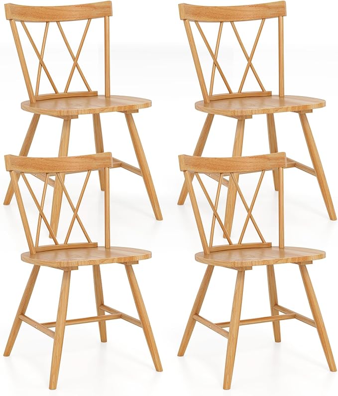 Giantex Wooden Dining Chairs Set of 4, Farmhouse Windsor Kitchen Chairs w/Cross Back, Wide Seat, Rubber Wood Frame, Armless Side Chairs for Kitchen, Dining Room, Living Room, Restaurant, Natural