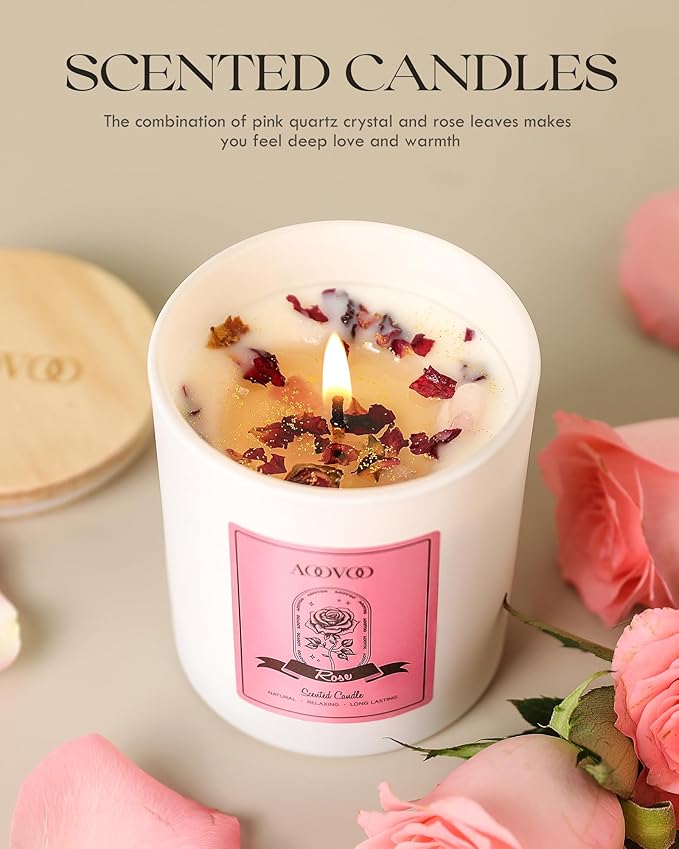 AOOVOO Rose Scented Candles for Women - Aromatherapy Candle with Crystals Inside, 10oz Soy Candles for Home Scented, Birthday Gifts Christmas Candle for Mom Women