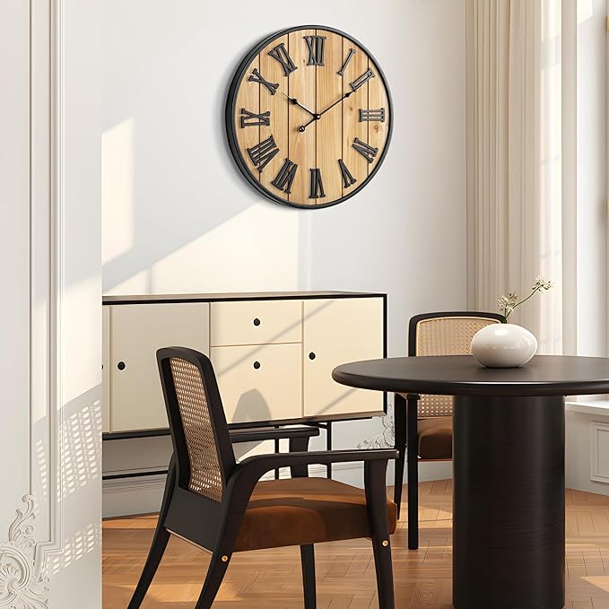 Large Wall Clock 24IN, Silent Metal Wood Style Wall Clocks Battery Operated for Living Room Decor, Farmhouse Big Wall Clock, Outdoor