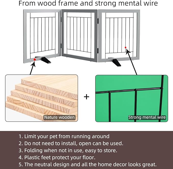 ZJSF Freestanding Dog Gate Indoor, Foldable Dog Fence for Doorways,Hallways or Stairs, Sturdy Wood Extra Wide Pet Gate with Support Feet,Grey,24 "Height-3 Panels
