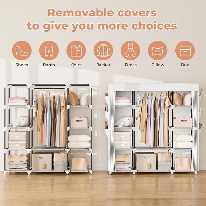 VTRIN Portable Closet Wardrobe for Hanging Clothes 57.3 Inch Large Capacity Clothes Rack with Cover, 10 Storage Organizer Shelves, 1 Hanging Rods and 6 Pockets, Free Standing Closet, White