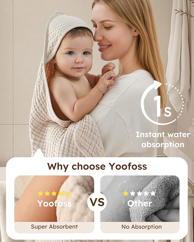 Yoofoss Hooded Baby Towels for Newborn 2 Pack 100% Muslin Organic Cotton Baby Bath Towel with Hood for Babies, Infant, Toddler and Kids, 37.5"x37.5", Soft and Absorbent Newborn Essential, Beige&Coffee