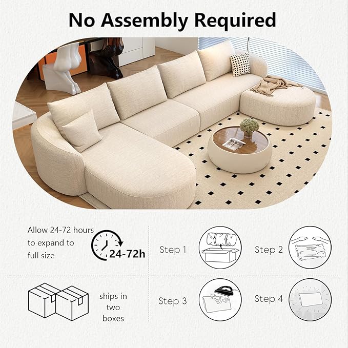 138.6" Modular Sectional Couches Luxury Modern Curved Back U-Shape Sofa Set with Ottoman,Minimalist Comfy Boneless Cloud Couch for Living Room Apartment,(Left Facing Chaise,White)