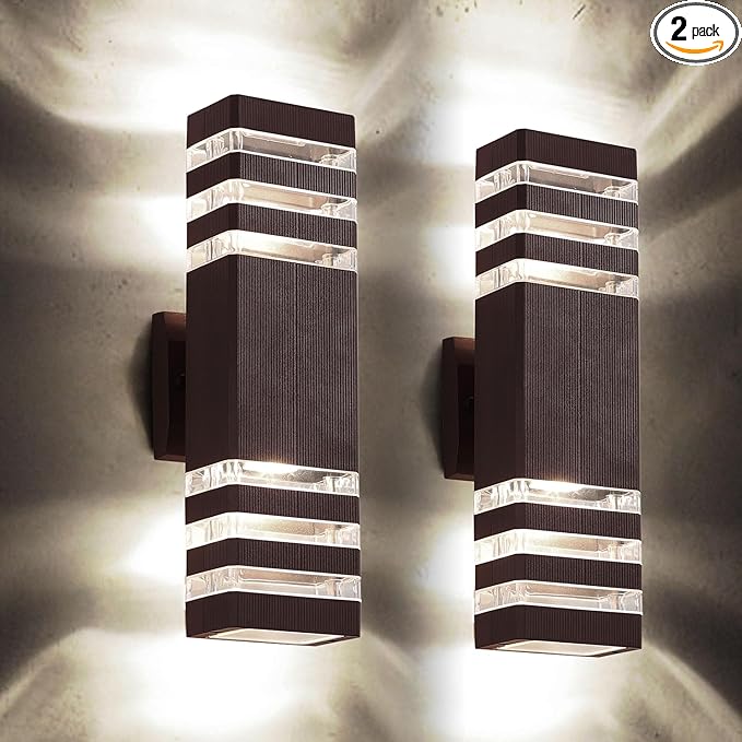 tewei 2 Pack Outdoor Wall Lights, Modern Exterior Light Fixture Wall Mount Brown Outdoor Lights for House, Waterproof Aluminum Up and Down Porch Lights Wall Sconces for Garage Patio, 3-Layer