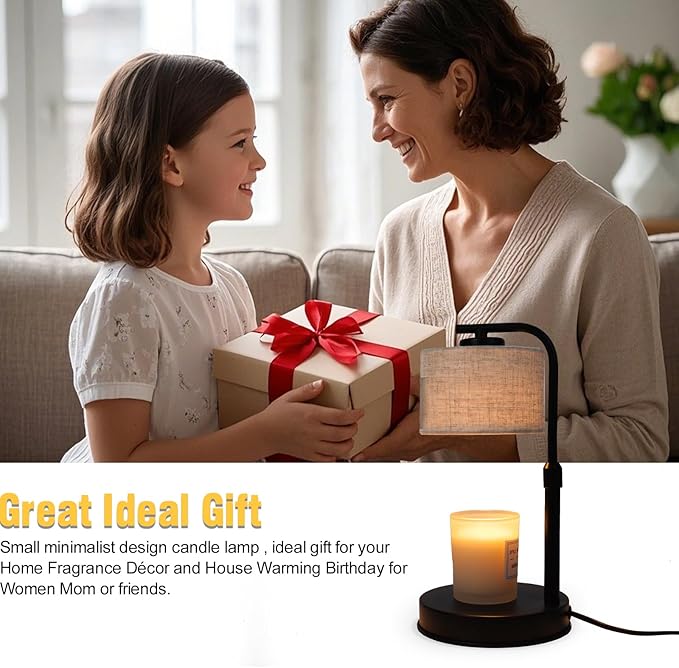 Candle Warmer Lamp with Timer,2 Bulbs, Metal Base and Adjustable Height Fabric Shade Candle Warmer Lamp for All Jar Candles, House Warming Decor Gifts, French Gold (Metal)