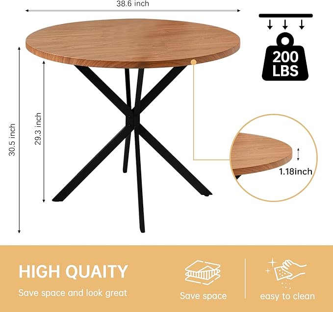 Round Dining Table, 39 Inch Modern Round Walnut Dining Table with Black X Base, Kitchen Leisure Table for 4-5 People Small Space Dining Room, Apartment, Kitchen