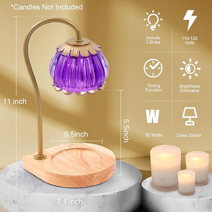 Candle Warmer Lamp with Timer, Dimmable Warmer Lantern Light, Glass Shade Jar Warming Holders for Home Decoration Gift for Women, Purple