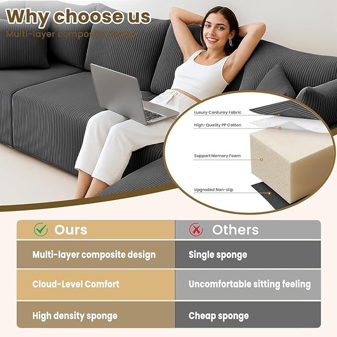 Oversize 131” Boneless Couch for Living Room, Comfort L Shaped Cloud Couch Sectional, Extra Deep Seats Corduroy Modular Sectional Sofa No Assembly,Grey