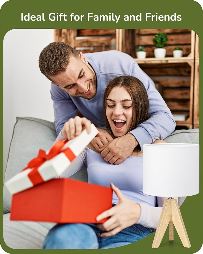 EDISHINE Small Cute Table Lamp, Wood Tripod Nightstand Lamp, Mid Century Bedside Lamp with Linen Fabric Shade for Nursery, Living Room, Bedroom, End Table, UL Listed, 14.2 Inch, ON/Off Switch