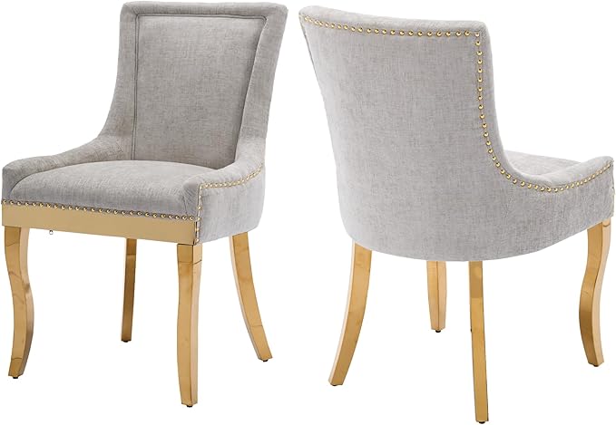 Luxury Fabirc Upholstered Dining Chairs Set of 2,Neutral Chenille Kitchen Room Chair with Nailhead Trim,Modern Padded Side Chairs for Dining Room,Living Room,Bar (Beige-Gold, Set of 2)