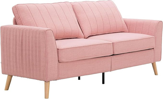 Artechworks Handmade Sofa Couch,3-Seater 76" Wide W/Warm Style Linen, Modern Chic Classic Mid-Century Fusion Stylish French Piping Design Sofa Couch for Living Room Apartment Lounge,Reception,Pink
