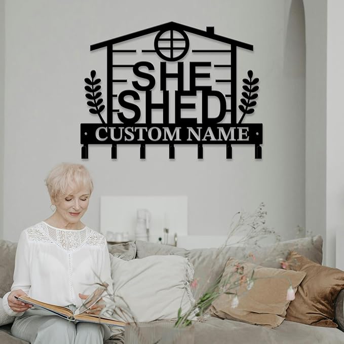 Personalized She Shed Keys Hooks,Custom Name Metal She Shed Art Keys Hooks,Metal She Shed Lover Wall Home Storage Decorative Keys Hooks,Key Holder Hooks for Wall (Style C)